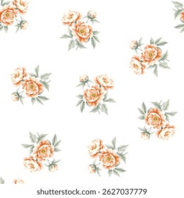 A repeating pattern of peach colored peonies and buds, with muted green leaves, is arranged on a white background. Each cluster of flowers is a slightly different arrangement, producing a delicate.