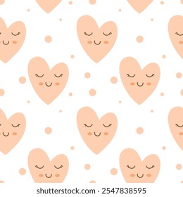 Repeating pattern of peach-colored cute hearts with smiling faces and closed eyes. Surrounding the hearts are small peach-colored dots.