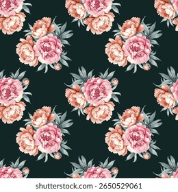 A repeating pattern of peonies. The flowers are rendered in a style that suggests watercolor or digital painting. They are various shades of muted pink and peach, with darker pink centers.