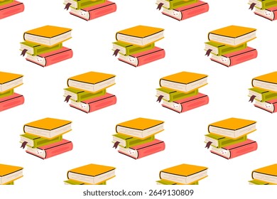 Repeating pattern with piles of closed books and visible bookmarks on white background