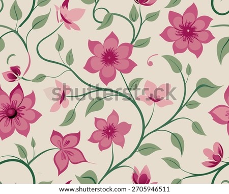 A repeating pattern of pink blossoms and green vines creates a lovely, fresh aesthetic.