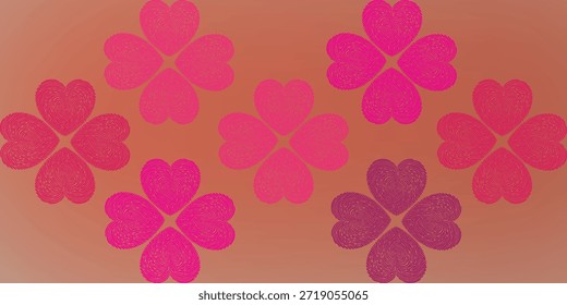 Ein sich wiederholendes Muster aus rosafarbenen Kleeblumen mit vier herzförmigen Blütenblättern, auf einem warmen Farbverlauf-Hintergrund.