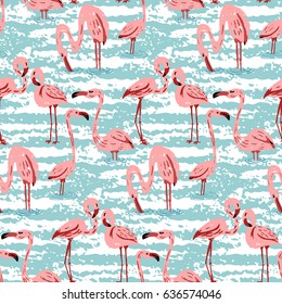 Repeating pattern with pink flamingo and hand drawn background in modern style