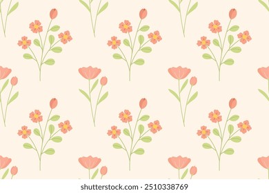 A repeating pattern of pink flowers and buds with green leaves on a pale background.