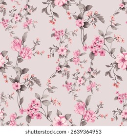 repeating pattern of pink flowers and foliage on a light gray background. The flowers are various shades of pink, from light to deep, and appear to be detailed with watercolor or pencil like strokes.