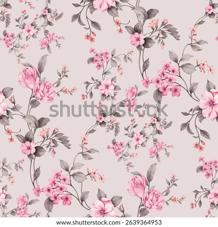 repeating pattern of pink flowers and foliage on a light gray background. The flowers are various shades of pink, from light to deep, and appear to be detailed with watercolor or pencil like strokes.