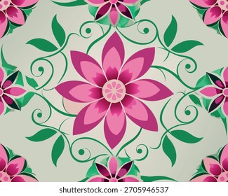 Un patrón repetitivo de flores rosadas y hojas verdes sobre un fondo claro.