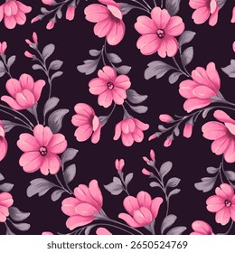 A repeating pattern of pink flowers on a dark navy or black background. The flowers are stylized, with a slightly painterly or digital painted look. The flowers have a rounded.