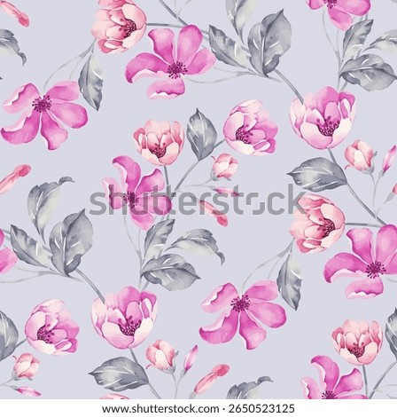 A repeating pattern of pink flowers on a light lavender gray background. The flowers are various shades of pink, with some having a blush pale pink tone in their center.
