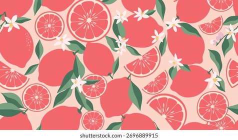 Um padrão repetitivo de toranjas e folhas cor-de-rosa com pequenas flores brancas.
