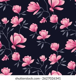 A repeating pattern of pink magnolia flowers on a dark navy blue background. The flowers are detailed, with a soft, slightly watercolor like effect, and appear to be in various stages of bloom.
