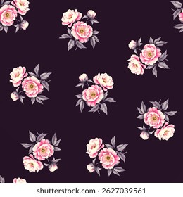 A repeating pattern of pink peonies on a dark wine background. Each peony is a cluster of blooms with a light pink center and a slightly darker pink outer layer.