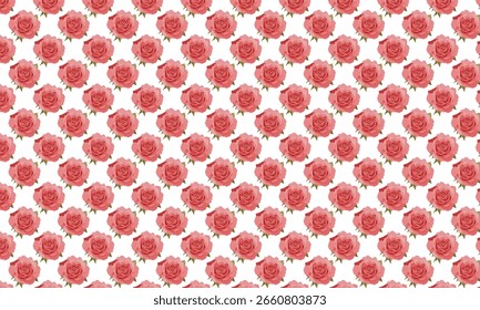 Un patrón repetitivo de rosas rosadas con hojas verdes sobre un fondo blanco. Las rosas están representadas con pétalos en capas y una forma de flor clásica, creando un motivo floral decorativo y romántico.