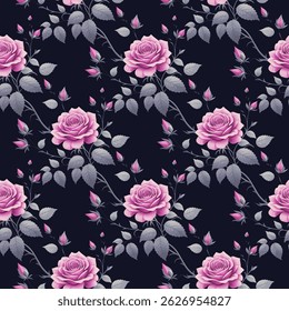 A repeating pattern of pink roses on a dark navy blue background. The roses are detailed, with visible petals and slight shading, and appear three-dimensional. Smaller, unopened rose buds.