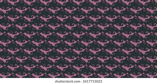 Repeating pattern with pink, stylized, swirling motifs on a black background