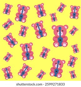Repeating pattern of pink teddy bears playing blue ukuleles on a yellow background.