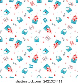 Repeating pattern with postal blue envelopes and pink valentines on a white background in doodle style. Vector illustration.
