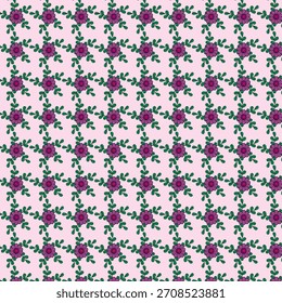 Patrón de repetición de flores púrpuras con hojas verdes sobre fondo rosa