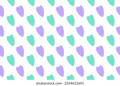 Repeating pattern of purple and green hearts on a white background, ideal for romantic or playful designs.