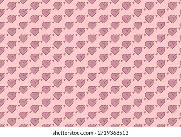 Patrón de repetición de corazones púrpuras con flechas sobre un fondo rosa claro