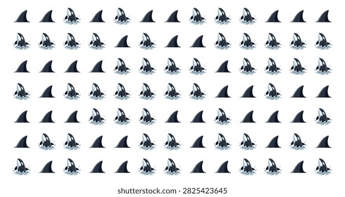 repeating pattern of realistic shark fins and dorsal sharks in shades of blue and grey on a clean white background suitable for design and decoration