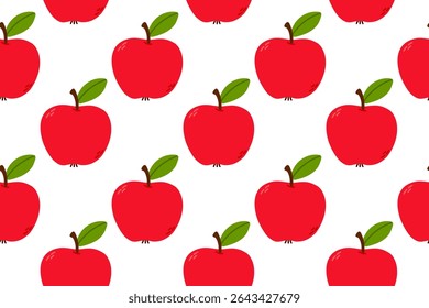 Repeating pattern of red apples with green leaves on white background. Perfect for food packaging, kitchen decor, or healthy lifestyle branding