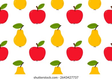 Repeating pattern with red apples and yellow pears on white background. Ideal for food packaging, prints, and healthy eating designs