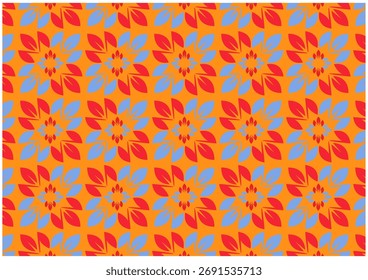 A repeating pattern of red and blue leaves on an orange background.