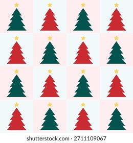 Wiederholte Muster von roten und grünen Weihnachtsbäumen mit gelben Sternen Suchbegriffe: Weihnachtsbäume