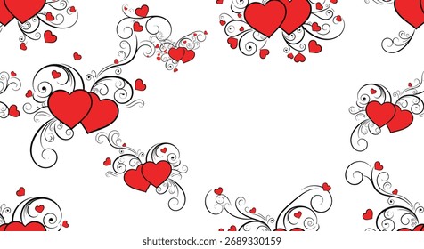 A repeating pattern of red hearts and delicate swirls on a white background.