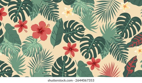 A repeating pattern of red hibiscus flowers, yellow plumeria blossoms, and various green tropical leaves like monstera and palm fronds.