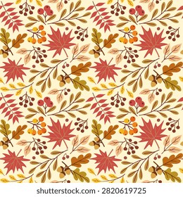 Repeating pattern with red maple leaves, oak leaves with acorns, various leafy branches and wild berries on a beige background. Ideal for seasonal packaging, autumn textile prints, website backgrounds, wallpaper, and Thanksgiving branding.