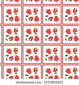 Repeating pattern of red peppers and green leaves with crown icons.