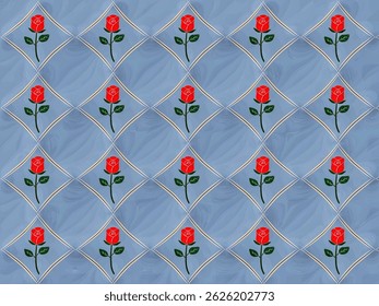 Repeating pattern of red roses with green leaves, arranged in diamond shapes on textured blue background, pattern for batik fabrics, clothing, and home decor.