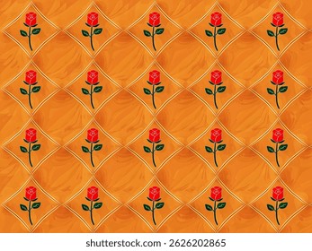Repeating pattern of red roses with green leaves, arranged in diamond shapes on textured orange background, pattern for batik fabrics, clothing, and home decor.