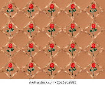 Repeating pattern of red roses with green leaves, arranged in a diamond shape on brown background, pattern for batik fabrics, clothing, and home decor.