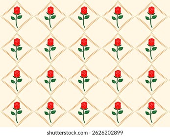 Repeating pattern of red roses with green leaves, arranged in a diamond shape on cream background, pattern for batik fabrics, clothing, and home decor.
