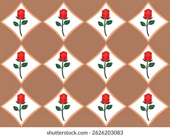 Repeating pattern of red roses with green leaves, arranged in a diamond shape on brown background, pattern for batik fabrics, clothing, and home decor.