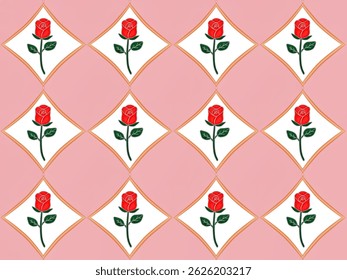 Repeating pattern of red roses with green leaves, arranged in a diamond shape on pink background, pattern for batik fabrics, clothing, and home decor.