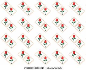 Repeating pattern of red roses with green leaves, arranged in a diamond shape on cream background, pattern for batik fabrics, clothing, and home decor.