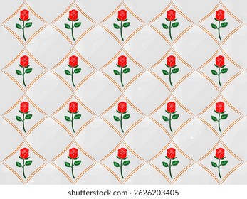 Repeating pattern of red roses with green leaves, arranged in a diamond shape on cream background, pattern for batik fabrics, clothing, and home decor.