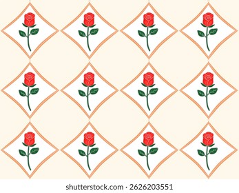 Repeating pattern of red roses with green leaves, arranged in a diamond shape on cream background, pattern for batik fabrics, clothing, and home decor.