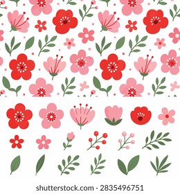 Repeating pattern of red roses and green leaves on a plain white background