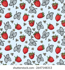 Repeating pattern with red strawberries, white flowers, and black line leaves on blue. Great for fabric, packaging, wrapping, and seasonal decor.