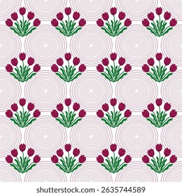 Repeating pattern of red tulips with green leaves and pink radial pattern circles. Patterns for decorative arts, crafts, wallpaper, paper, covers, and textiles.