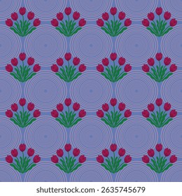 repeating pattern of red tulips with green leaves and pink radial pattern circles. Patterns for decorative arts, crafts, wallpaper, paper, covers, and textiles.