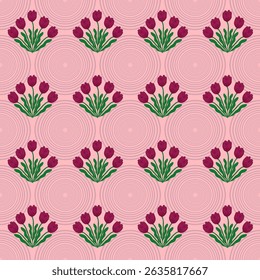 repeating pattern of red tulips with green leaves and pink radial pattern circles. Patterns for decorative arts, crafts, wallpaper, paper, covers, and textiles.