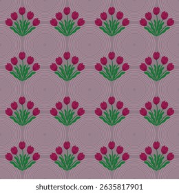 padrão repetitivo de tulipas vermelhas com folhas verdes e círculos de padrão radial rosa. Padrões para artes decorativas, artesanato, papel de parede, papel, capas e têxteis.