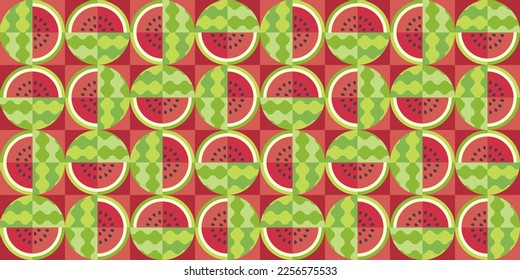 Repeating pattern of red watermelon elements in simple geometric shapes. Whole watermelon, cut, seeds and rind. Minimalist abstract fruits poster, for decoration, food or drink packaging cover design.