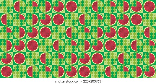 Repeating pattern of red watermelon elements in simple geometric shapes. Whole watermelon, cut, seed and rinse. Minimalist abstract fruit poster, for decoration, food or drink packaging cover design.